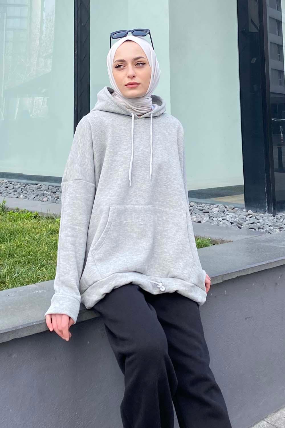 Modalamelif Etek Ucu Bağcıklı Kanguru Cep Sweatshirt Gri