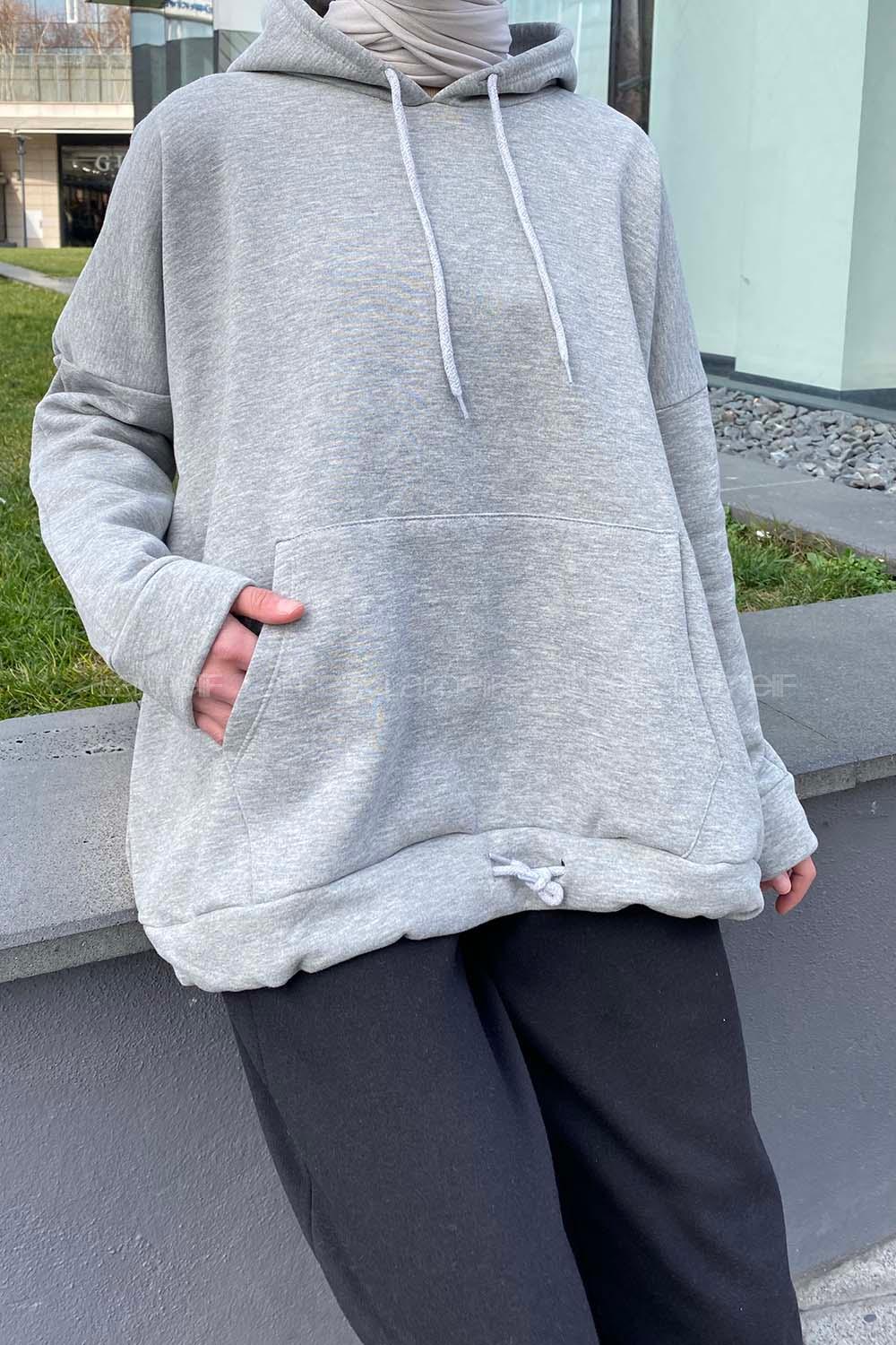 Modalamelif Etek Ucu Bağcıklı Kanguru Cep Sweatshirt Gri