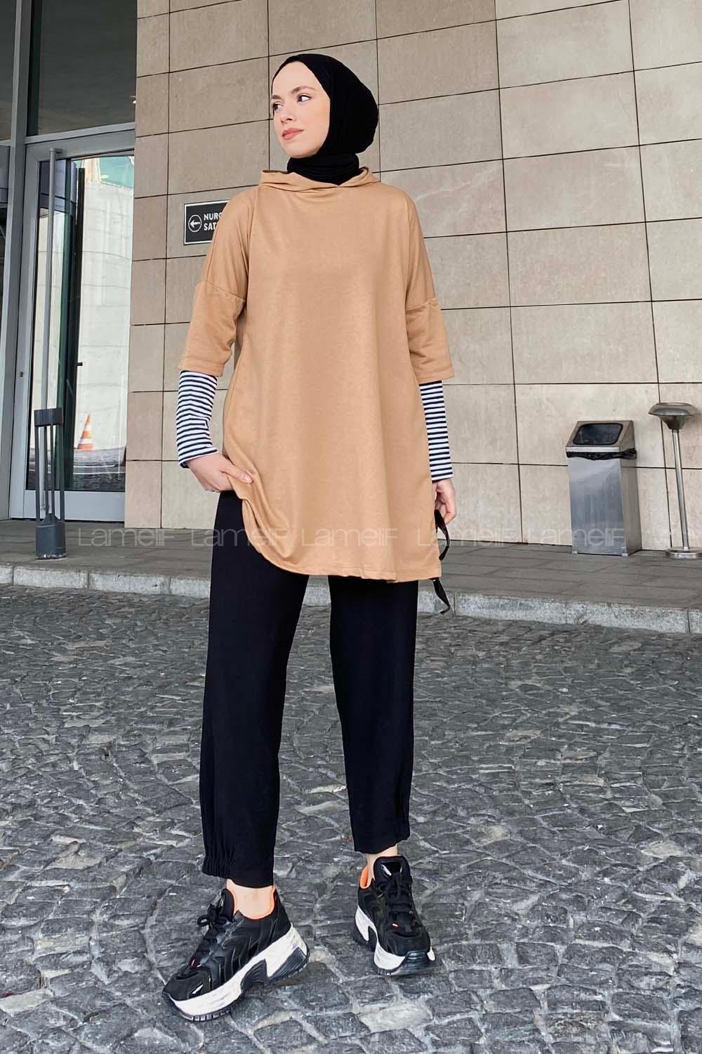 Brown With Milk Hood Neck Long Arm Unprinted Sweatshirt