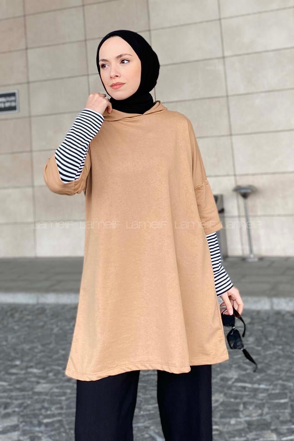 Brown With Milk Hood Neck Long Arm Unprinted Sweatshirt