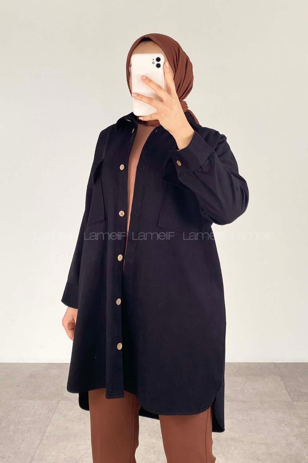 Modalamelif Çift Cepli Gabardin Gömlek Siyah