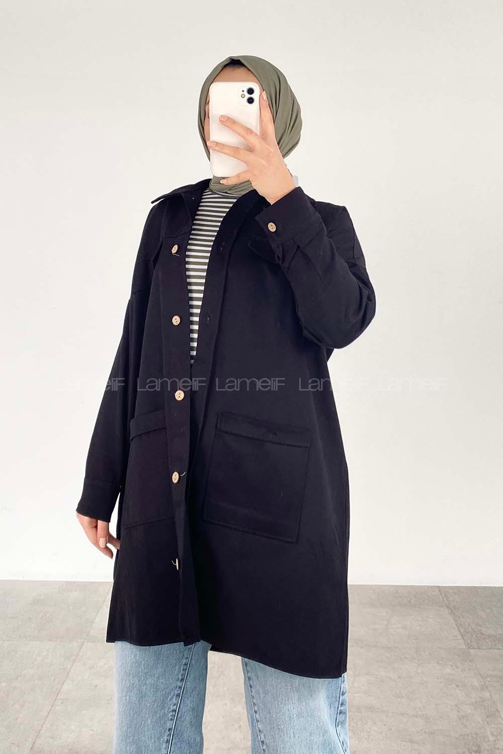 Modalamelif  Körük Cepli Oversize Gömlek Siyah