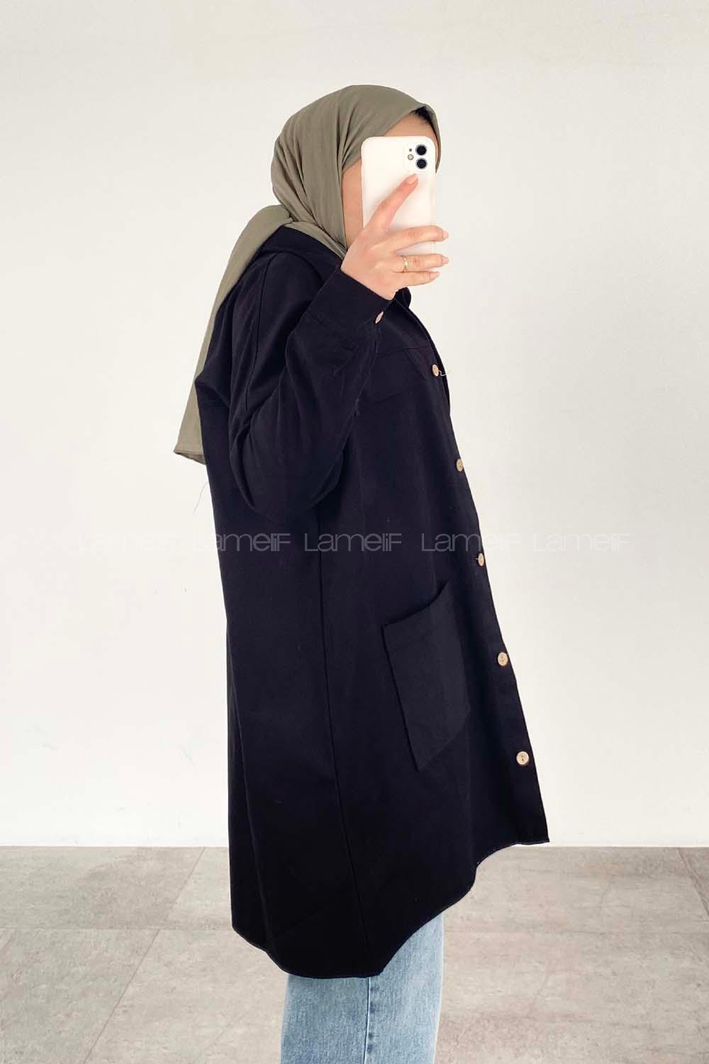 Modalamelif  Körük Cepli Oversize Gömlek Siyah