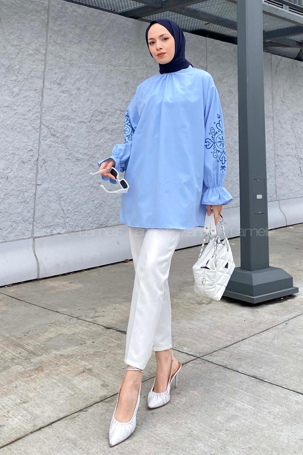 Blue Mandarin Collar Cotton Printed Tunic