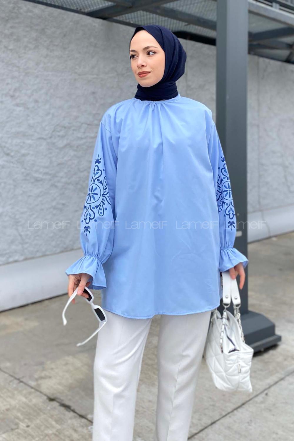 Blue Mandarin Collar Cotton Printed Tunic