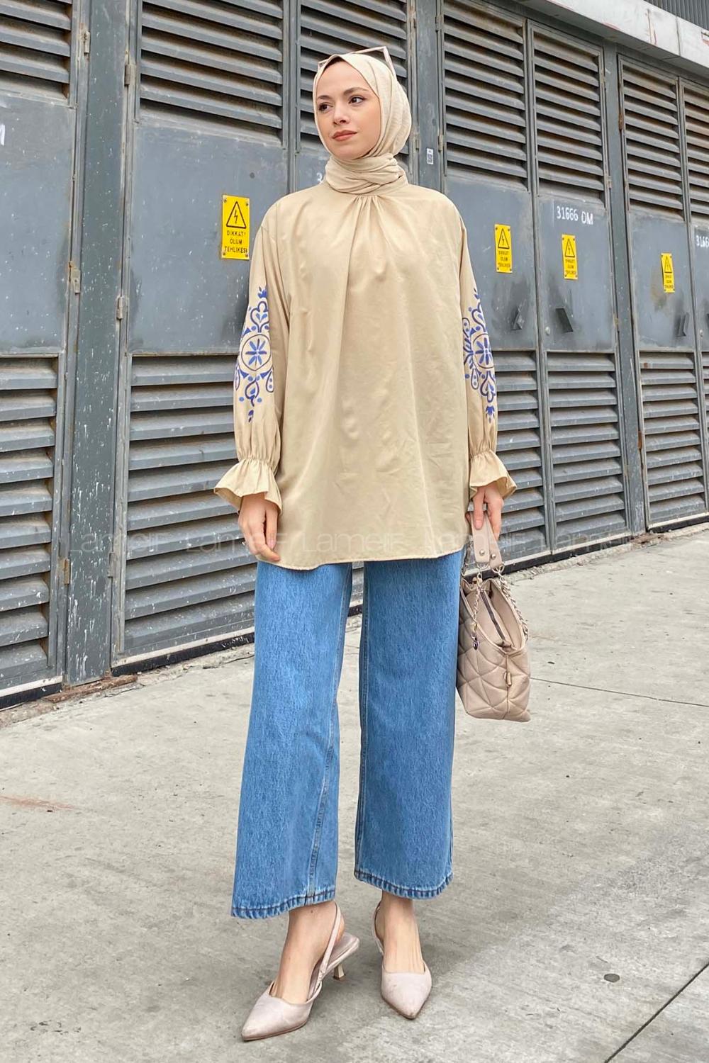 Lamelif Kol Baskılı Tunik Bej