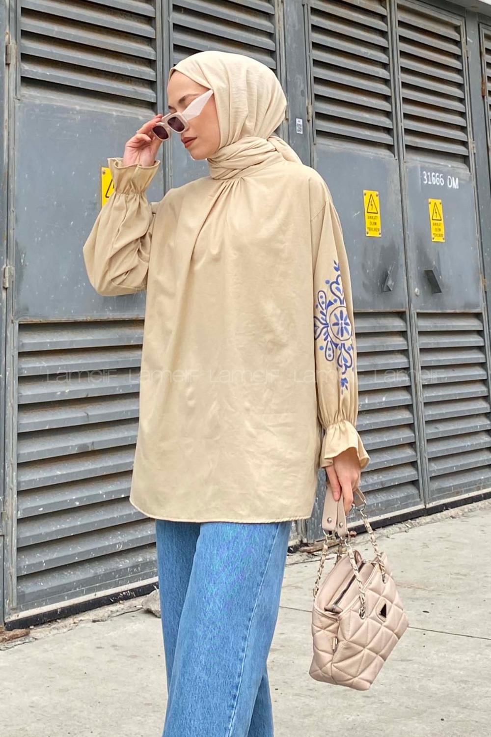 Lamelif Kol Baskılı Tunik Bej