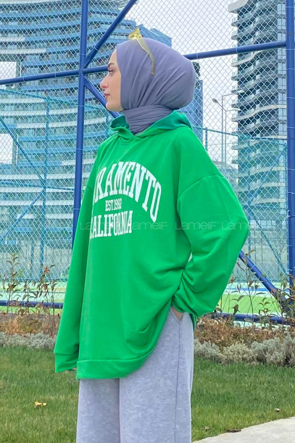 Lamelif Sacramento Baskılı Kapüşonlu Sweatshirt Yeşil