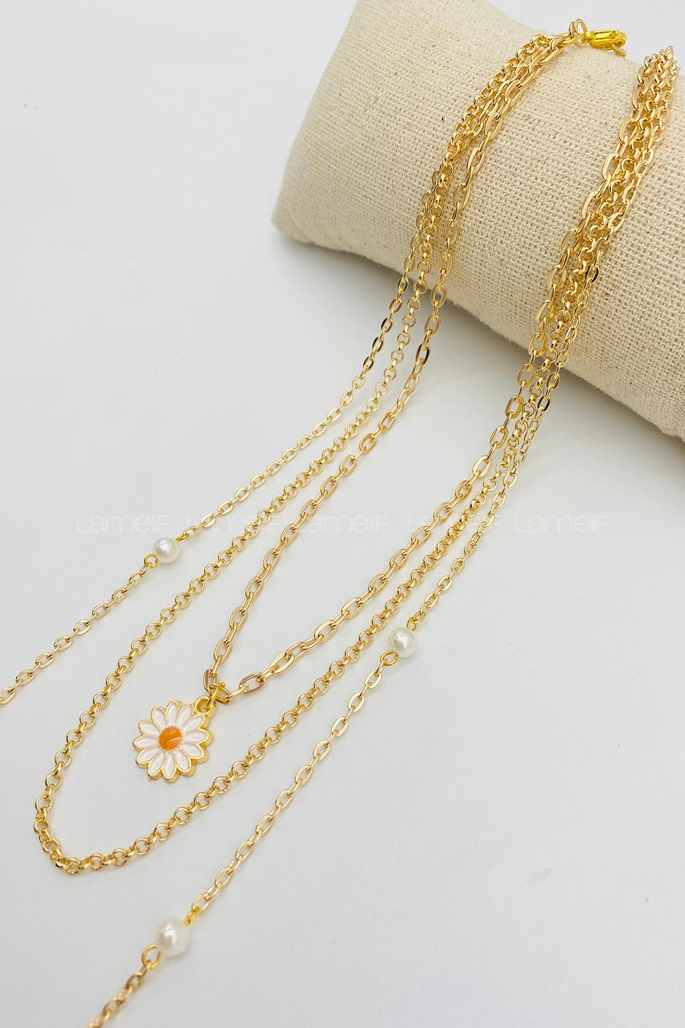 Lamelif Gold 3Lü Kombin Papatyalı Set Kolye