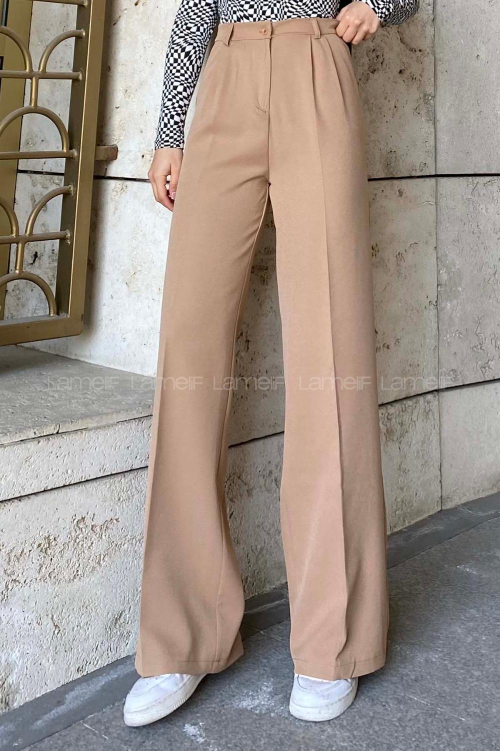 Lamelif Çift Pensli Bol Paça Pantolon Açık Sütlü Kahve
