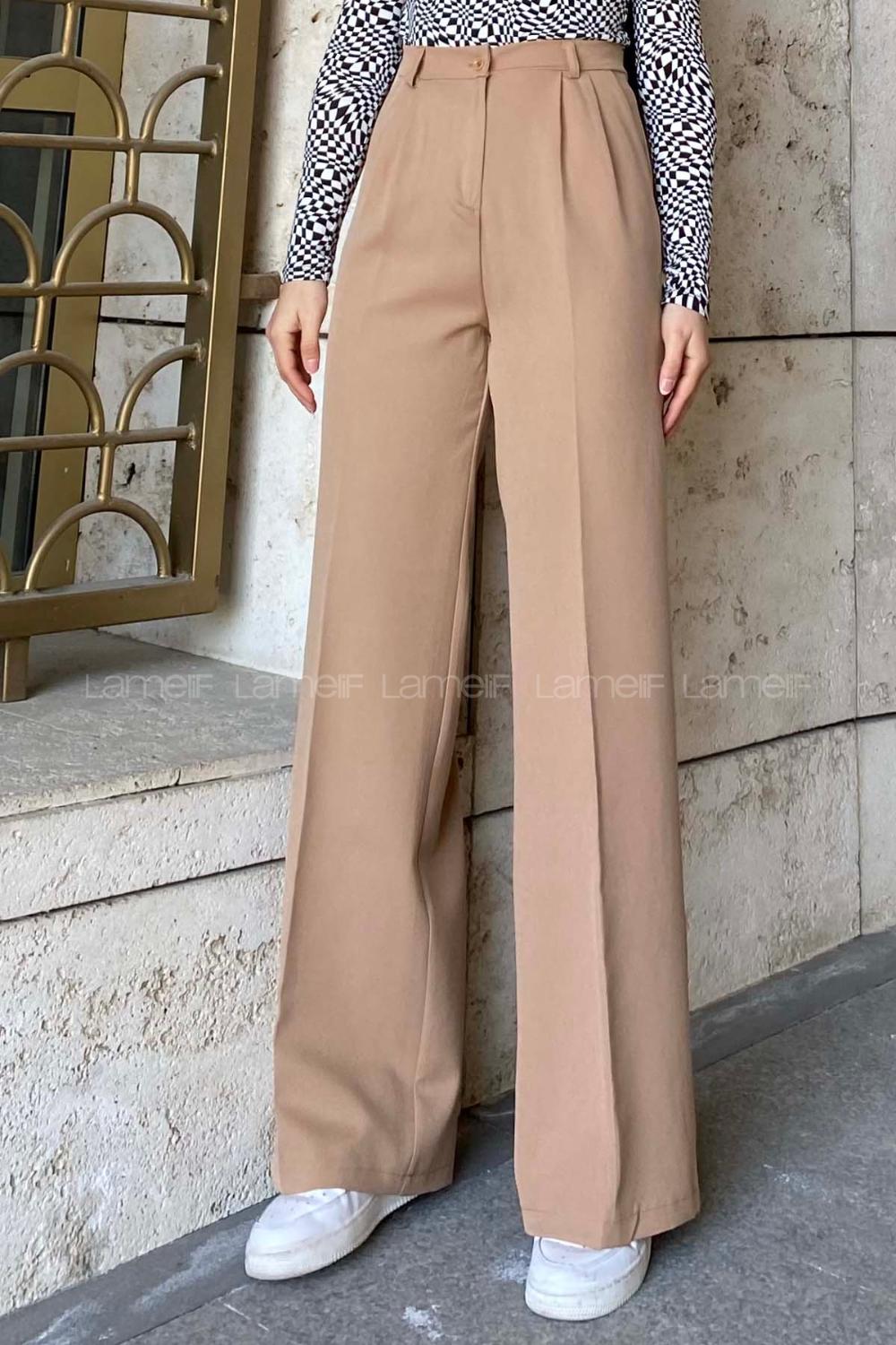 Lamelif Çift Pensli Bol Paça Pantolon Açık Sütlü Kahve