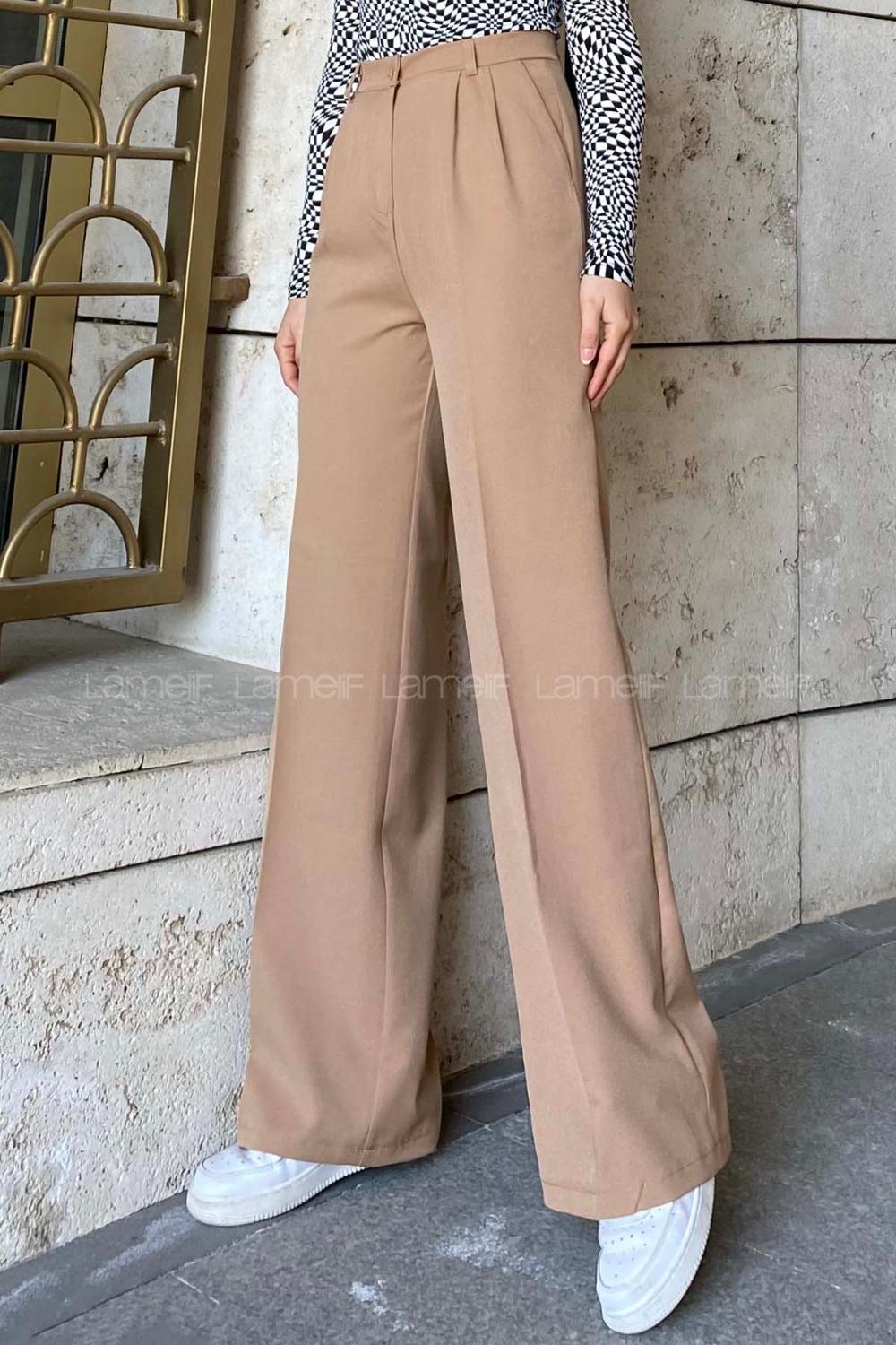 Lamelif Çift Pensli Bol Paça Pantolon Açık Sütlü Kahve