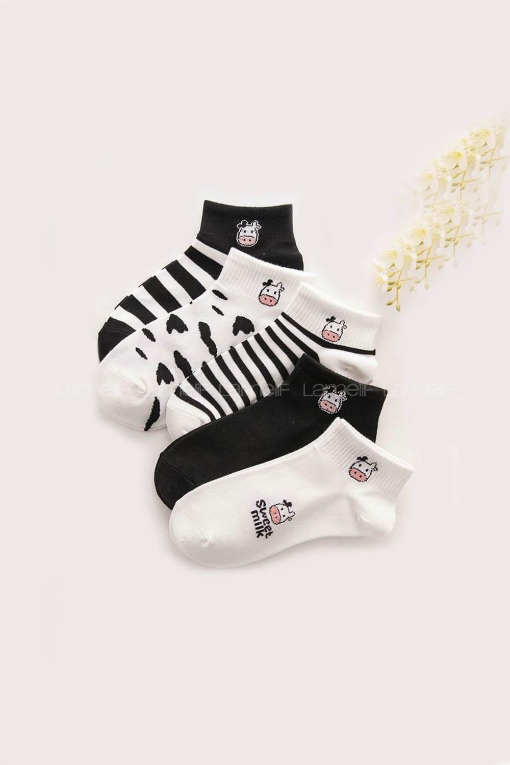Lamelif İnek Desen 5 Çift Yarım Kolej Çorap Seti