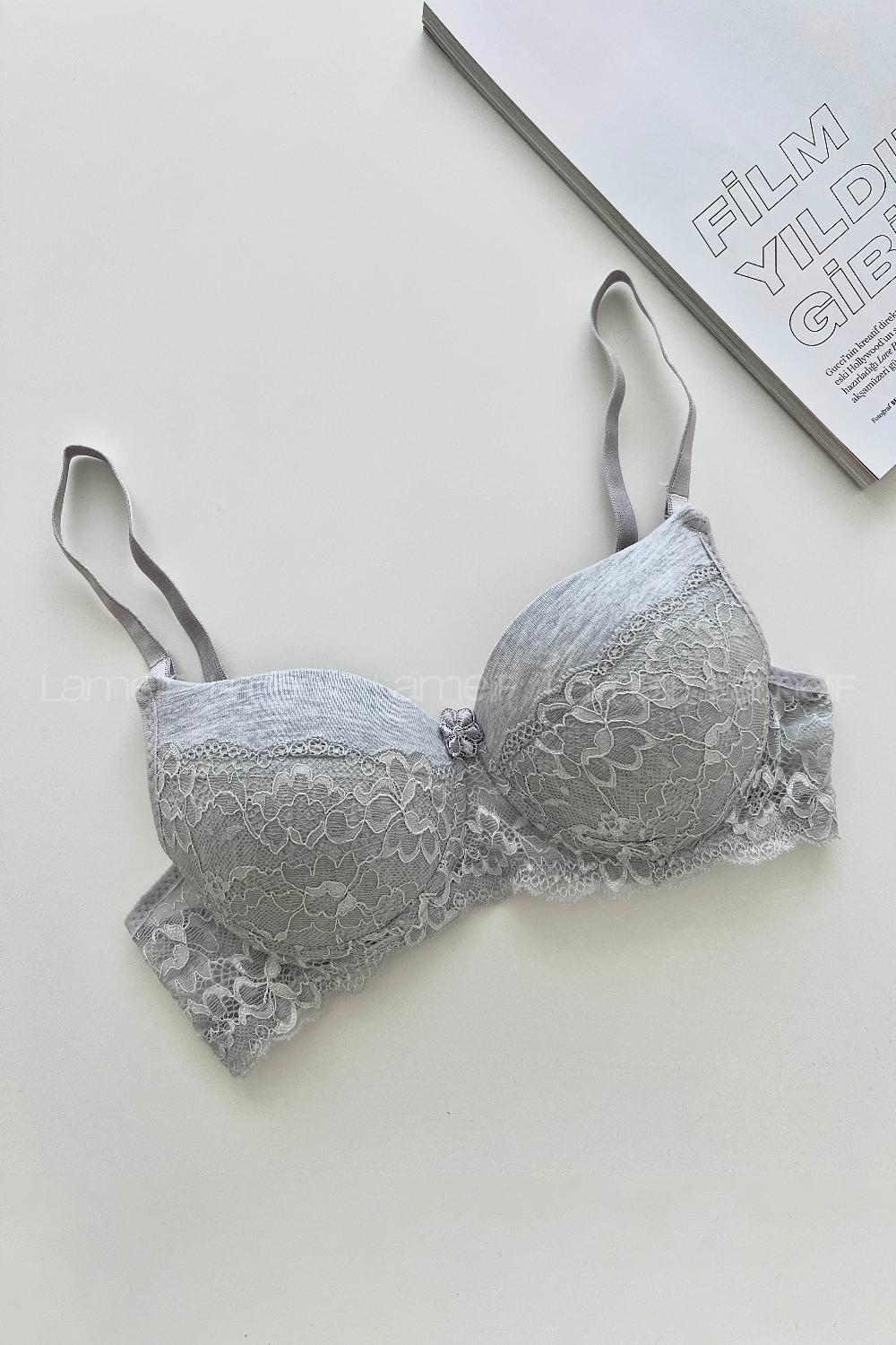 Lamelif Ebru Destekli Slikonlu Kulaklı Yarı Dantel Sütyen Gri Renk