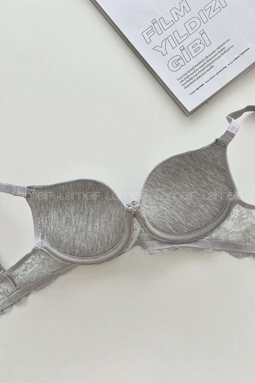 Lamelif Ebru Destekli Slikonlu Kulaklı Yarı Dantel Sütyen Gri Renk