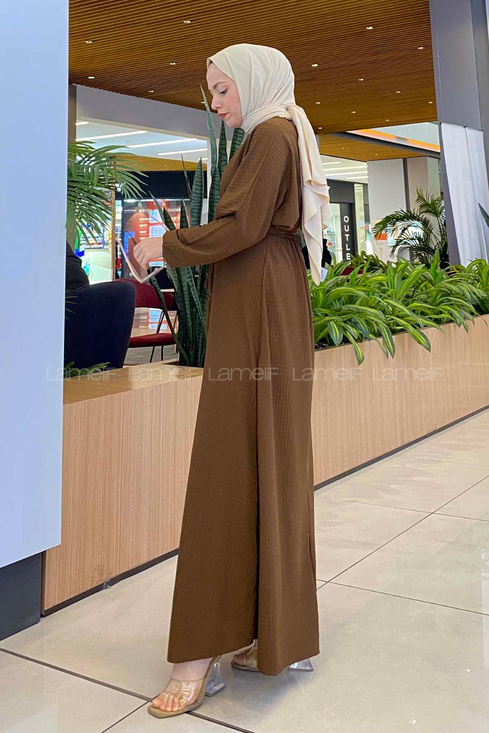Lamelif Kendinden Desenli Mevlana Model Elbise Acı Kahve