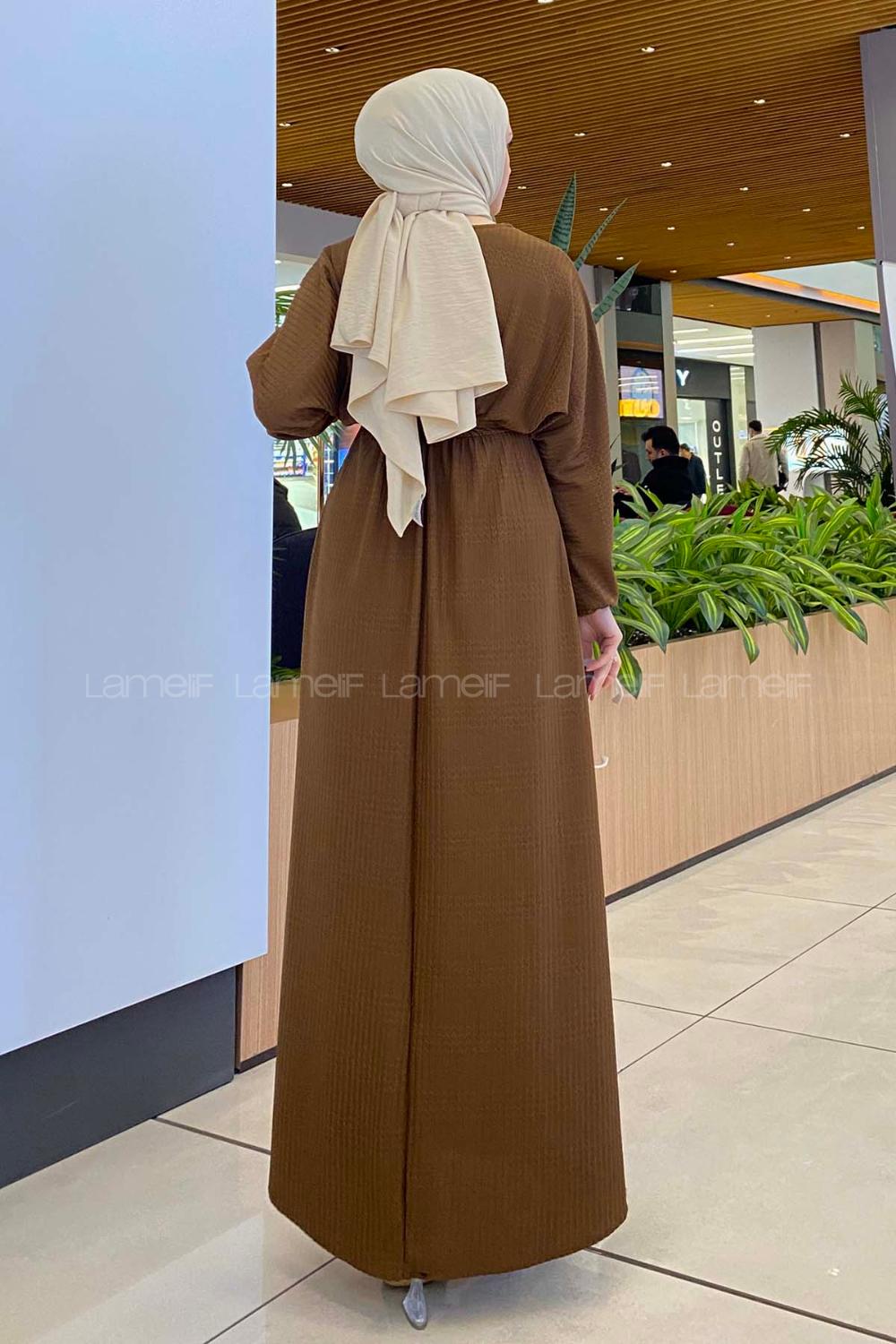 Lamelif Kendinden Desenli Mevlana Model Elbise Acı Kahve
