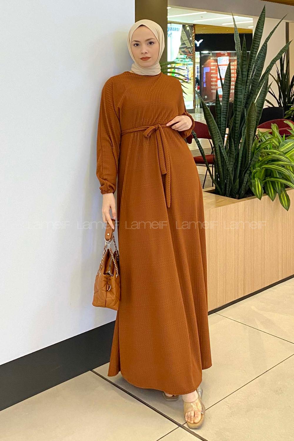 Lamelif Kendinden Desenli Mevlana Model Elbise Kiremit