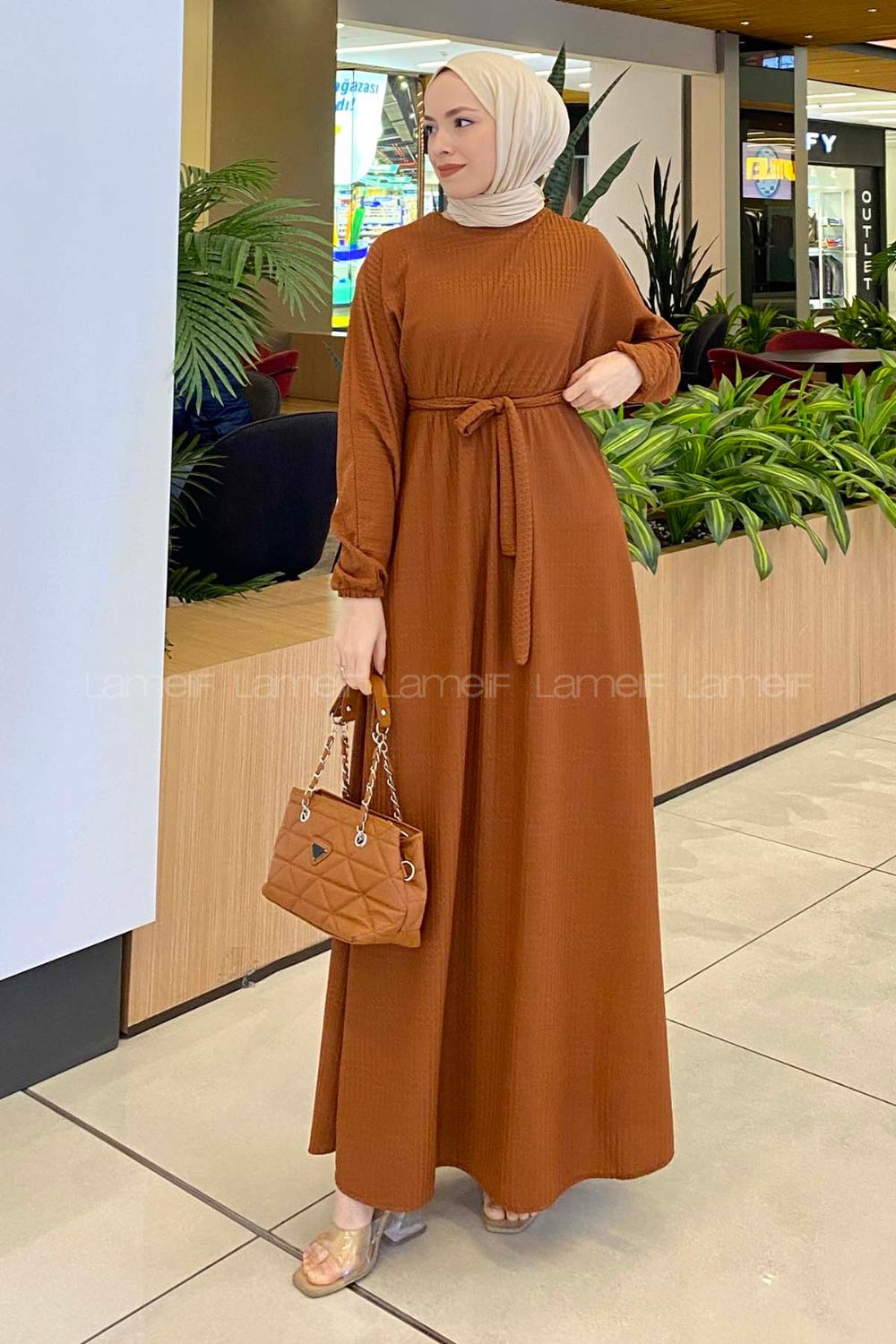 Lamelif Kendinden Desenli Mevlana Model Elbise Kiremit