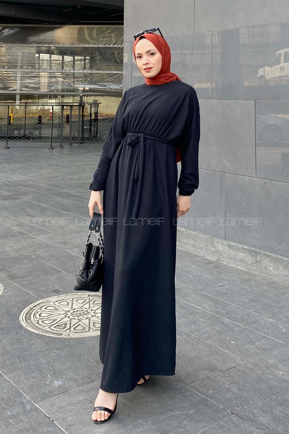 Lamelif Kendinden Desenli Mevlana Model Elbise Siyah