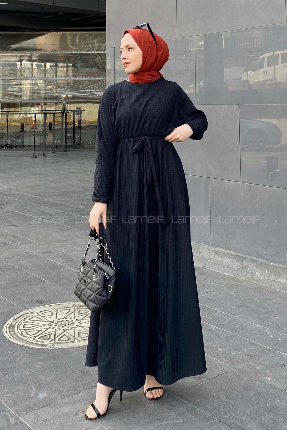 Lamelif Kendinden Desenli Mevlana Model Elbise Siyah