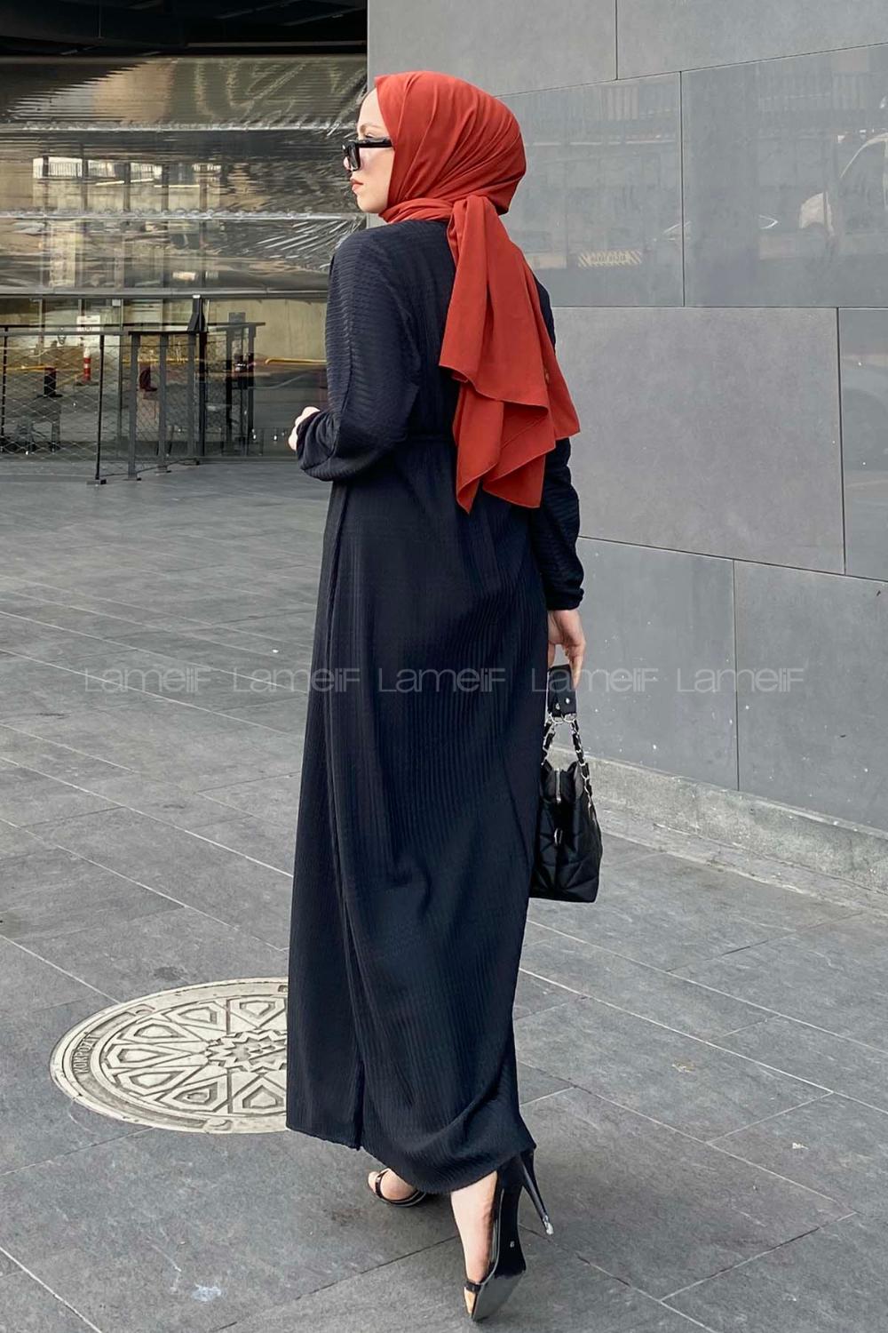 Lamelif Kendinden Desenli Mevlana Model Elbise Siyah