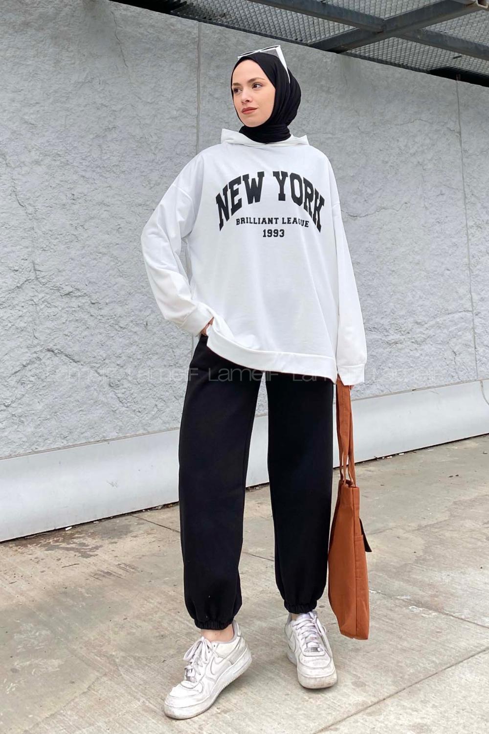 Lamelif Newyork Baskı Detaylı Kapüşonlu Sweatshirt Beyaz