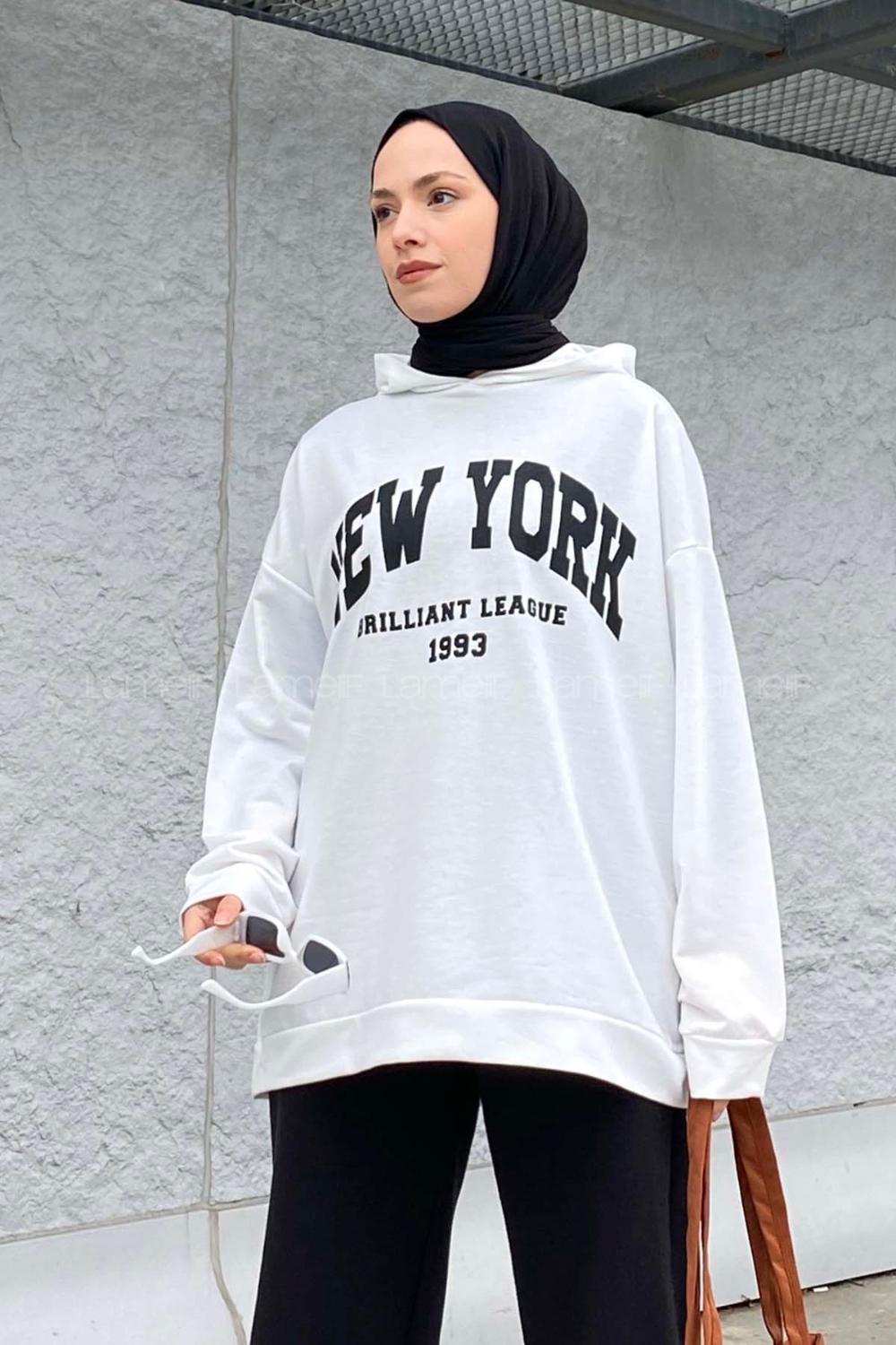 Lamelif Newyork Baskı Detaylı Kapüşonlu Sweatshirt Beyaz