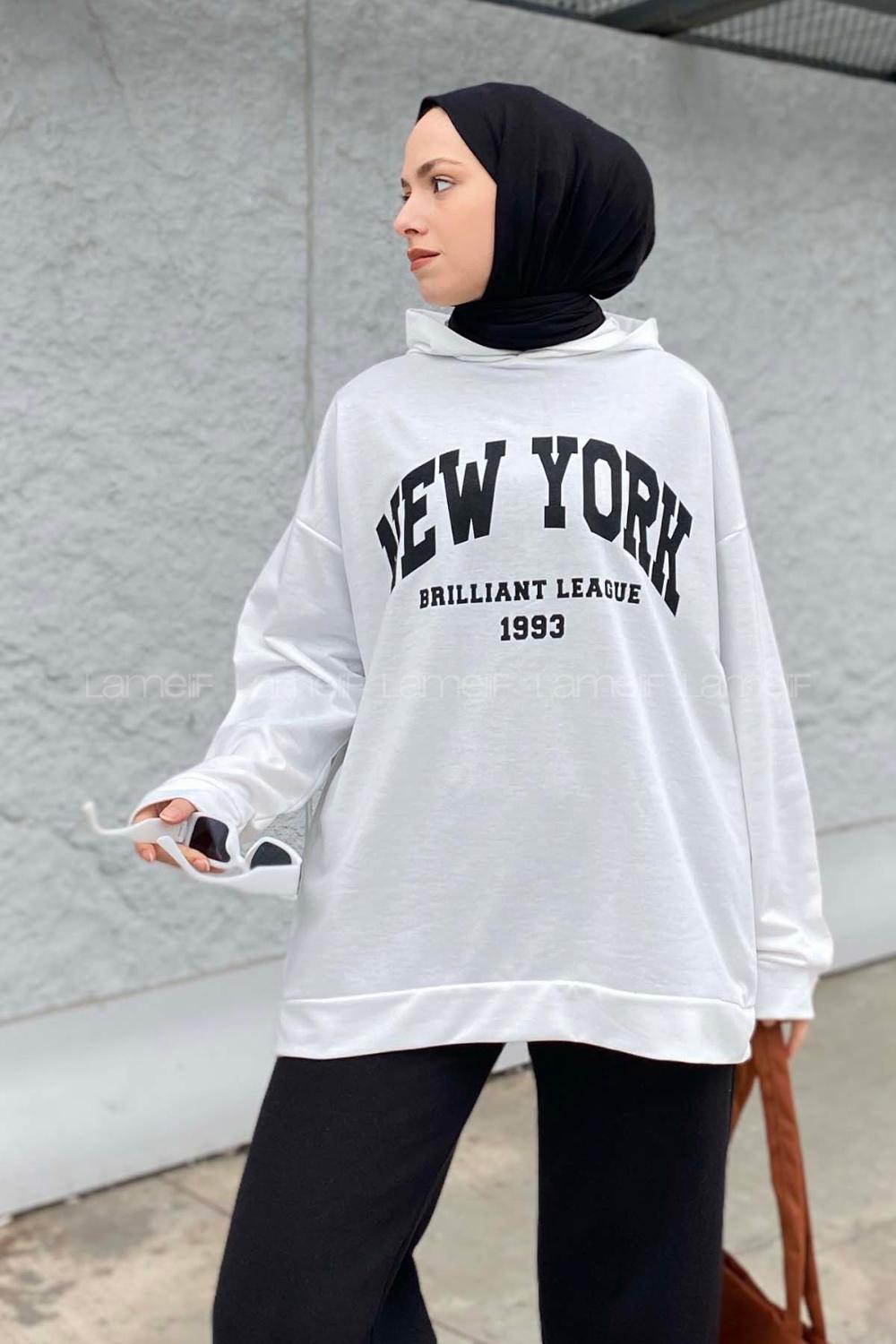 Lamelif Newyork Baskı Detaylı Kapüşonlu Sweatshirt Beyaz