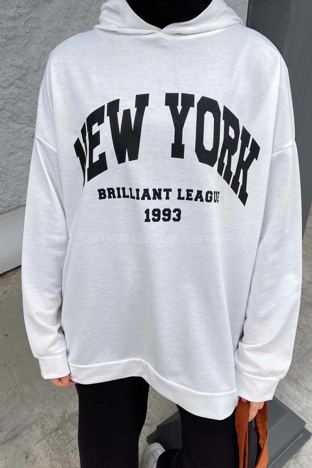 Lamelif Newyork Baskı Detaylı Kapüşonlu Sweatshirt Beyaz