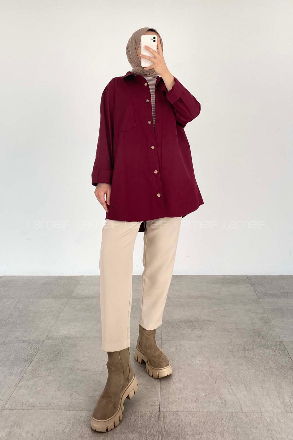 Claret Red Shirt Collar Long Arm Cotton Fabric Unprinted Shirt