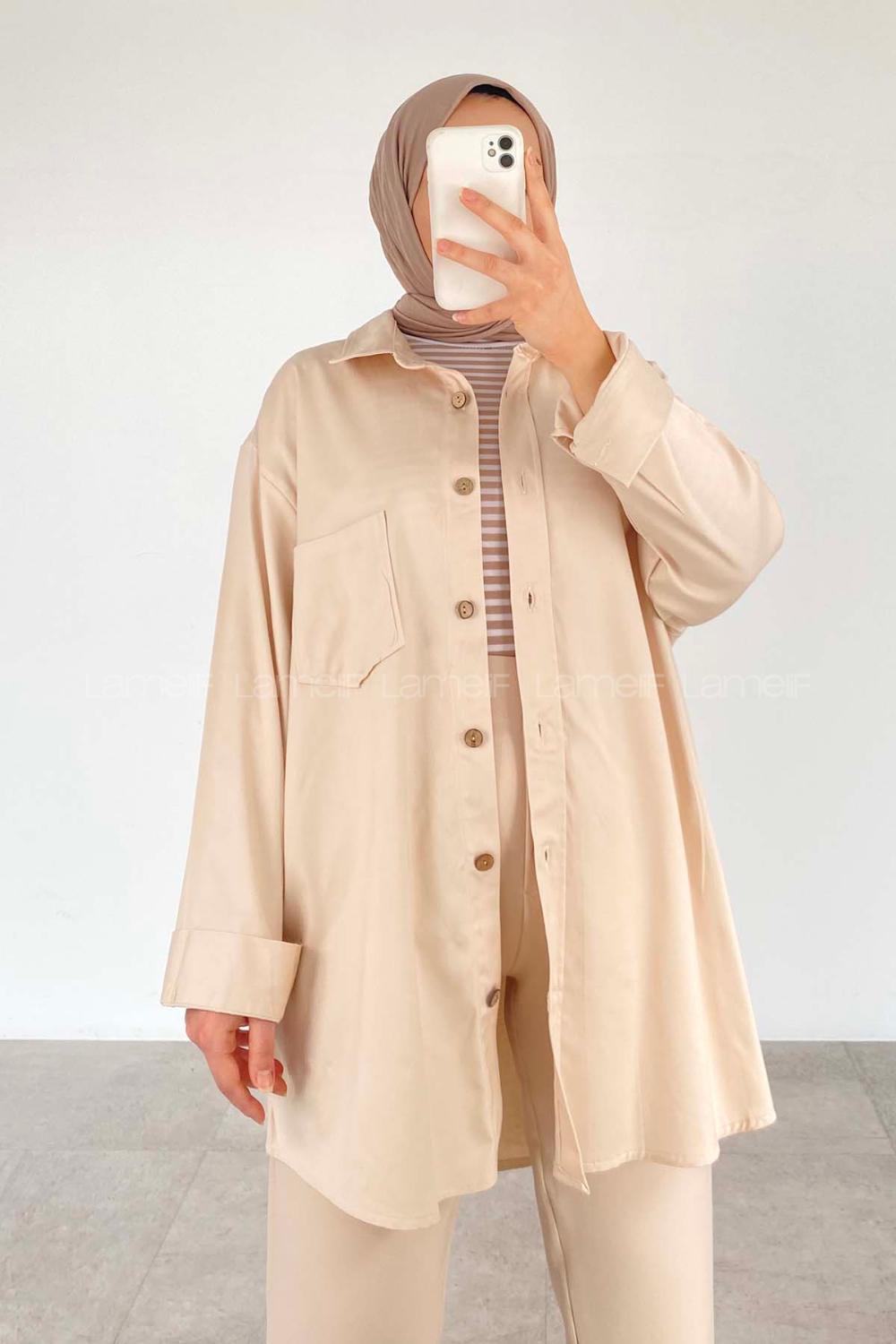 Modalamelif Tek Cepli Oversize Gömlek Taş