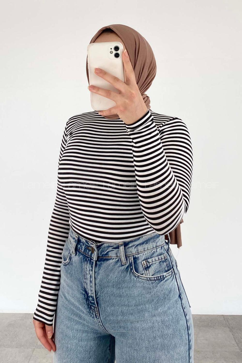 Black Neckband Mock Turtle Neck Long Arm Cotton Viscose Fabric Body