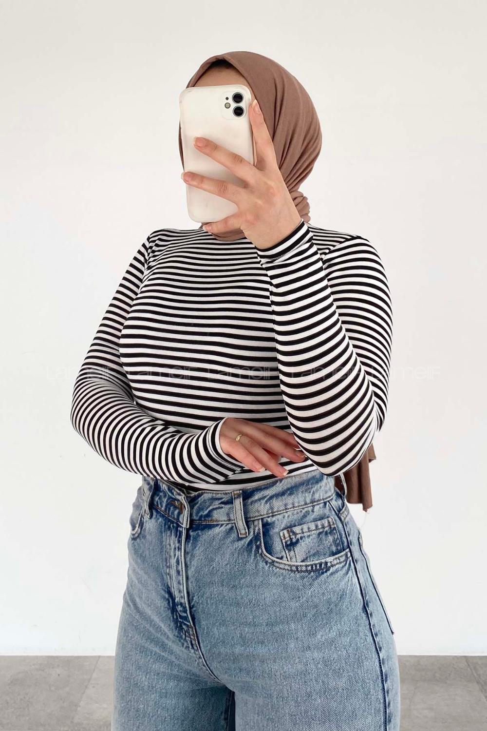 Black Neckband Mock Turtle Neck Long Arm Cotton Viscose Fabric Body