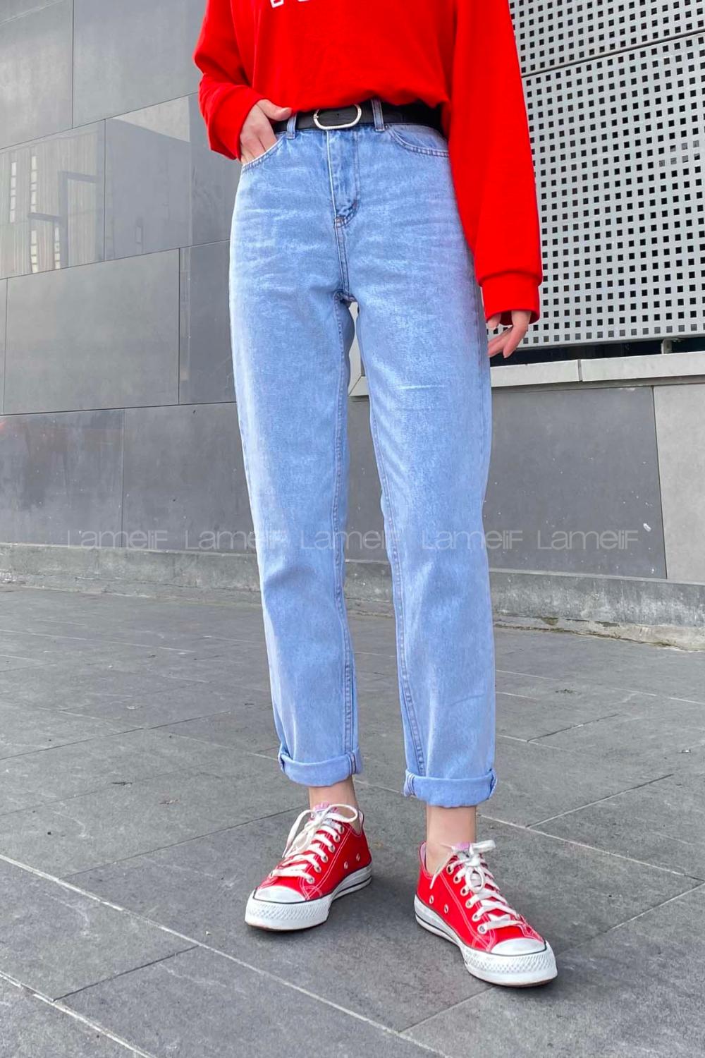Ice Blue Cotton Cotton High Waist Denim Pants