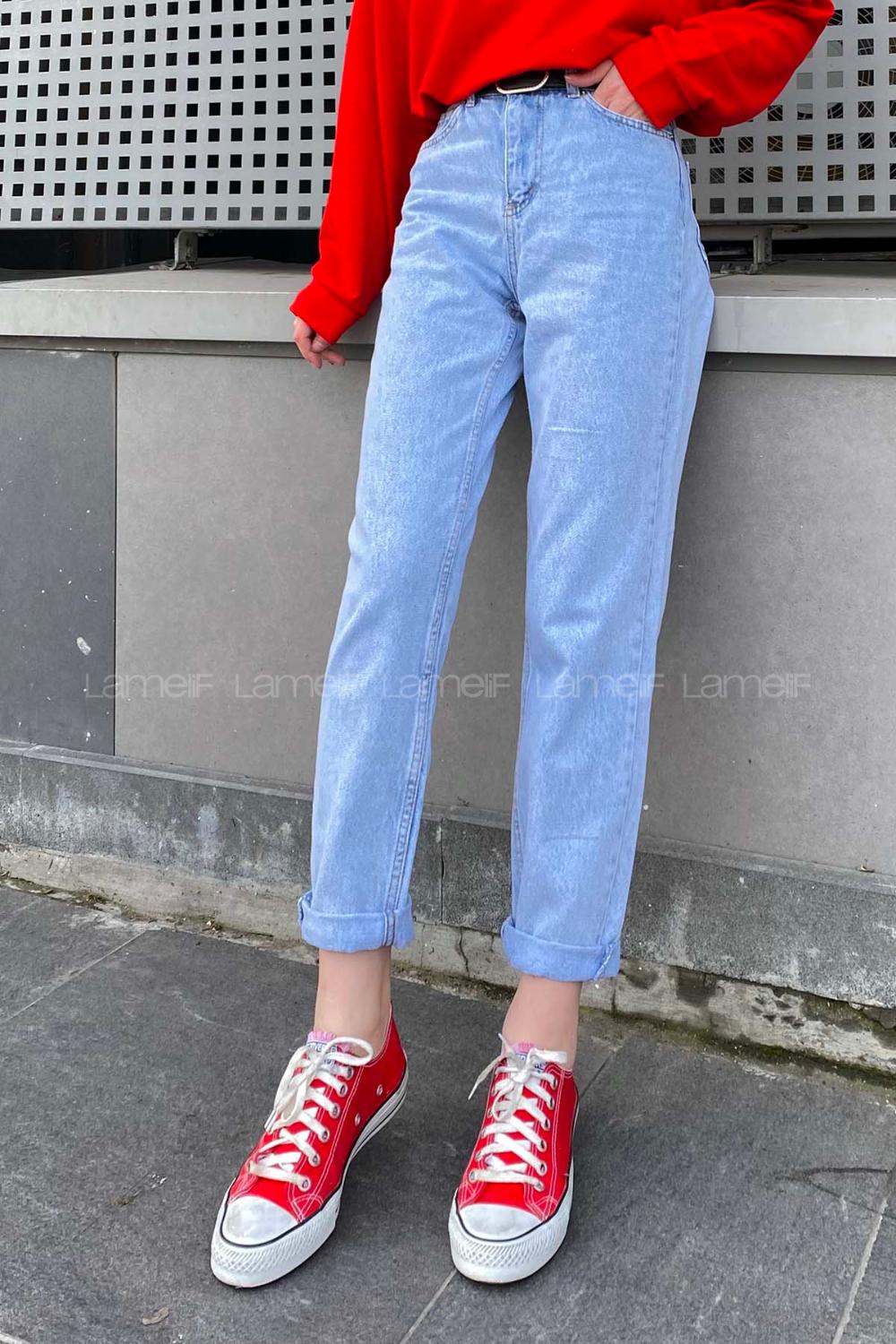 Ice Blue Cotton Cotton High Waist Denim Pants