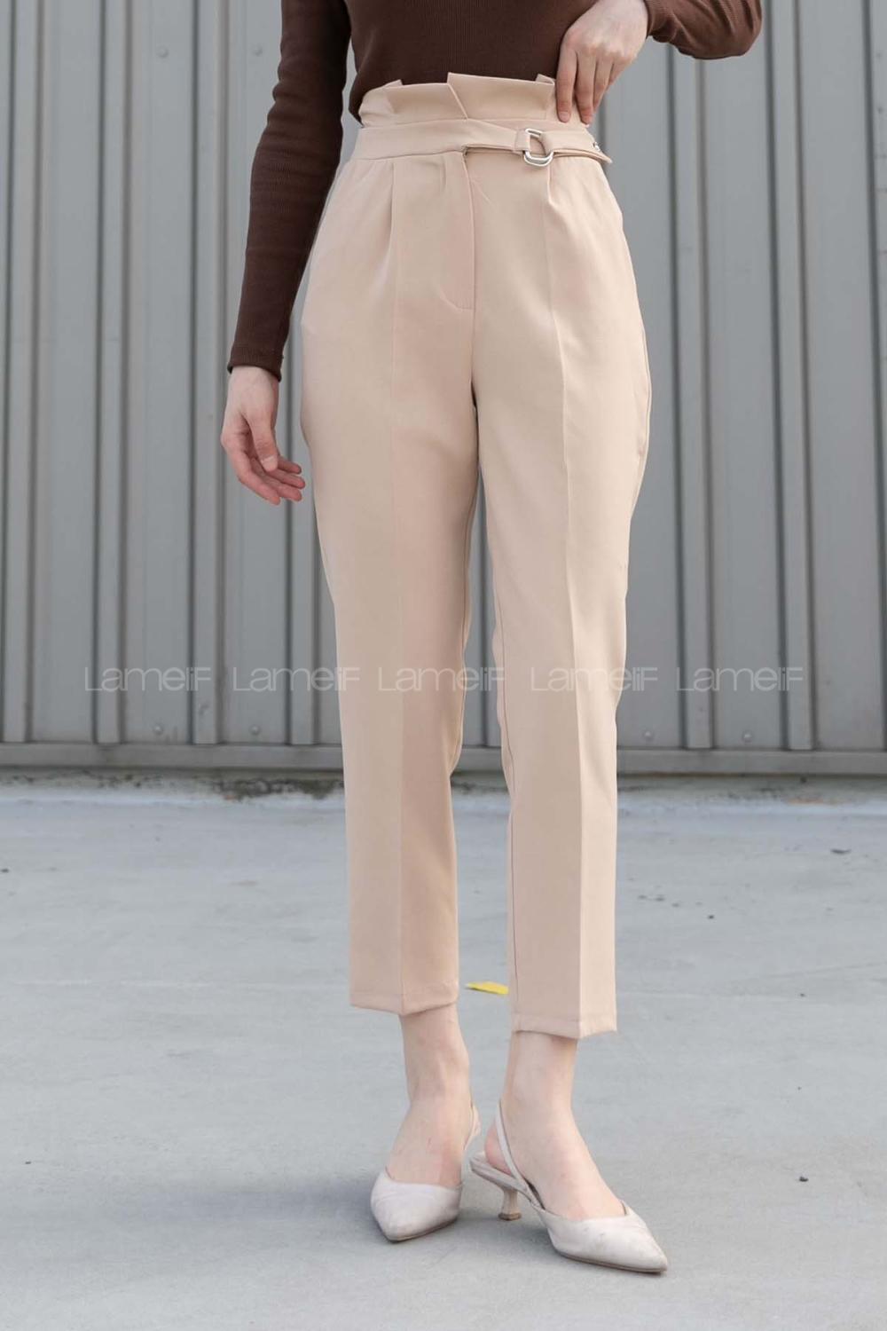 Beige Cotton Fabric High Waist Comfortable Pants