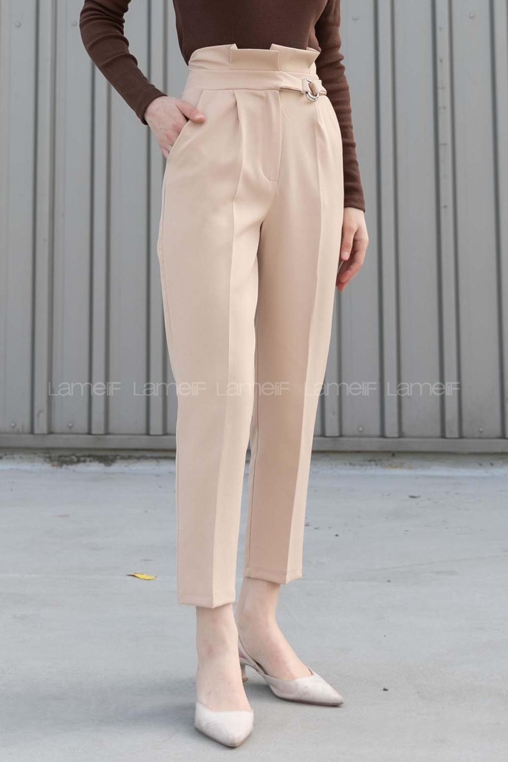 Beige Cotton Fabric High Waist Comfortable Pants