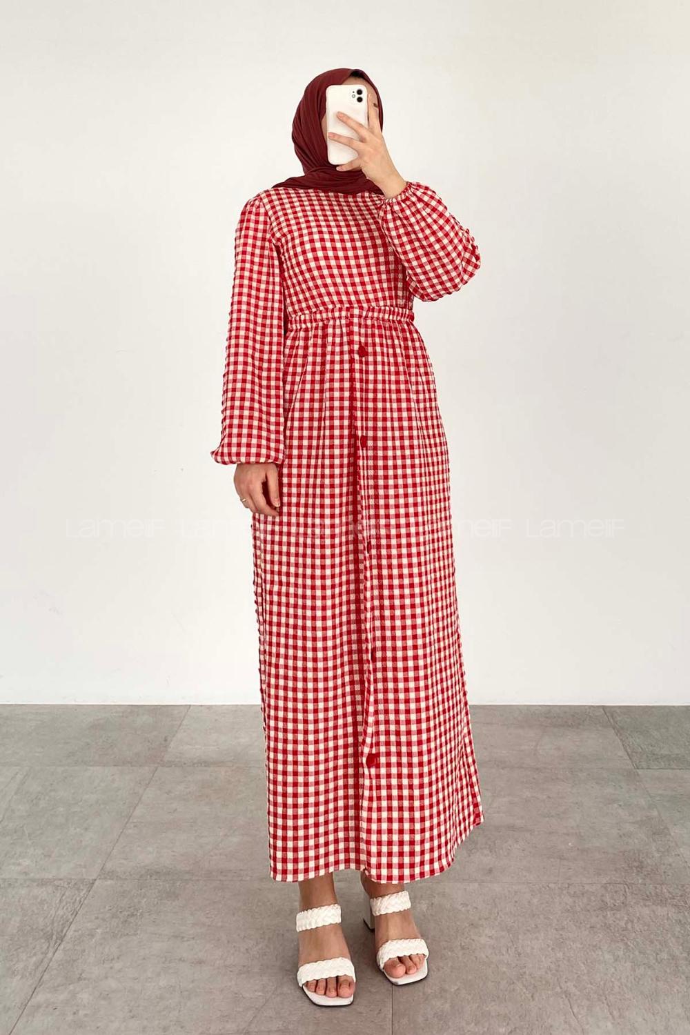 Modalamelif Ekose Desen Elbise Kırmızı