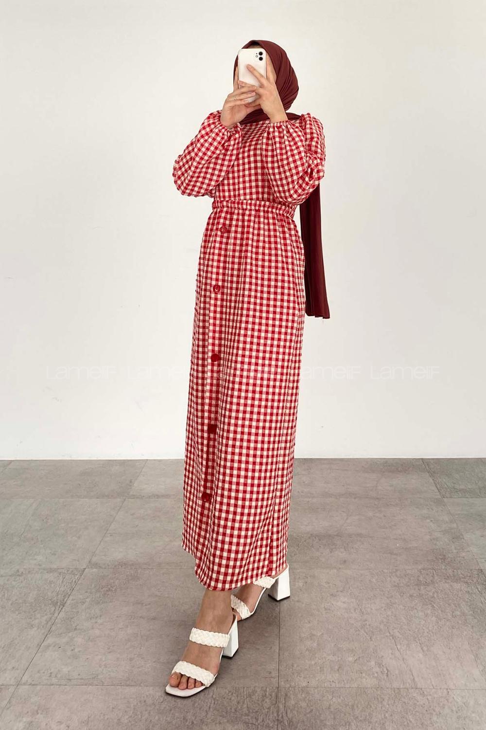 Modalamelif Ekose Desen Elbise Kırmızı