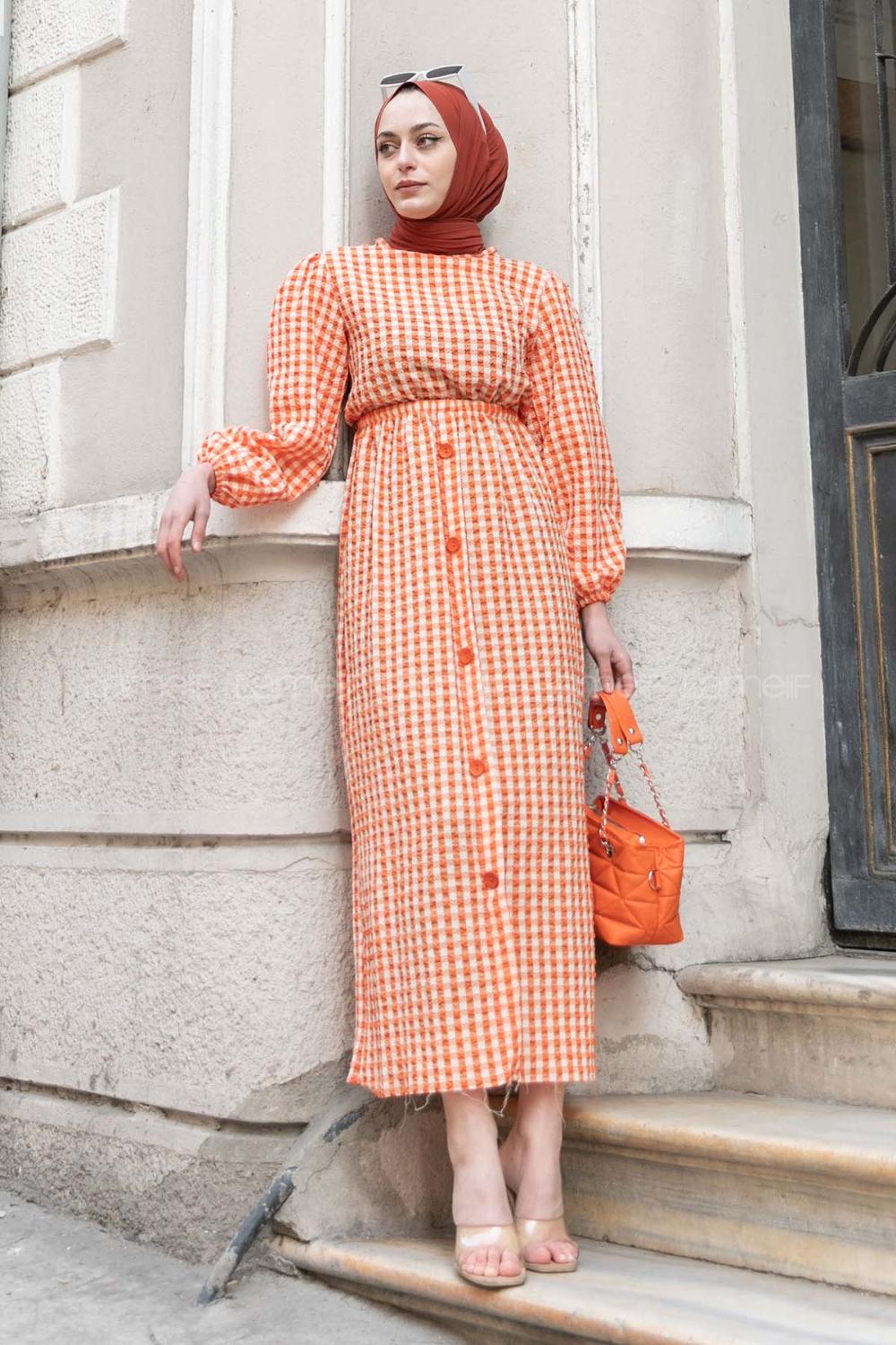 Modalamelif Ekose Desen Elbise Turuncu