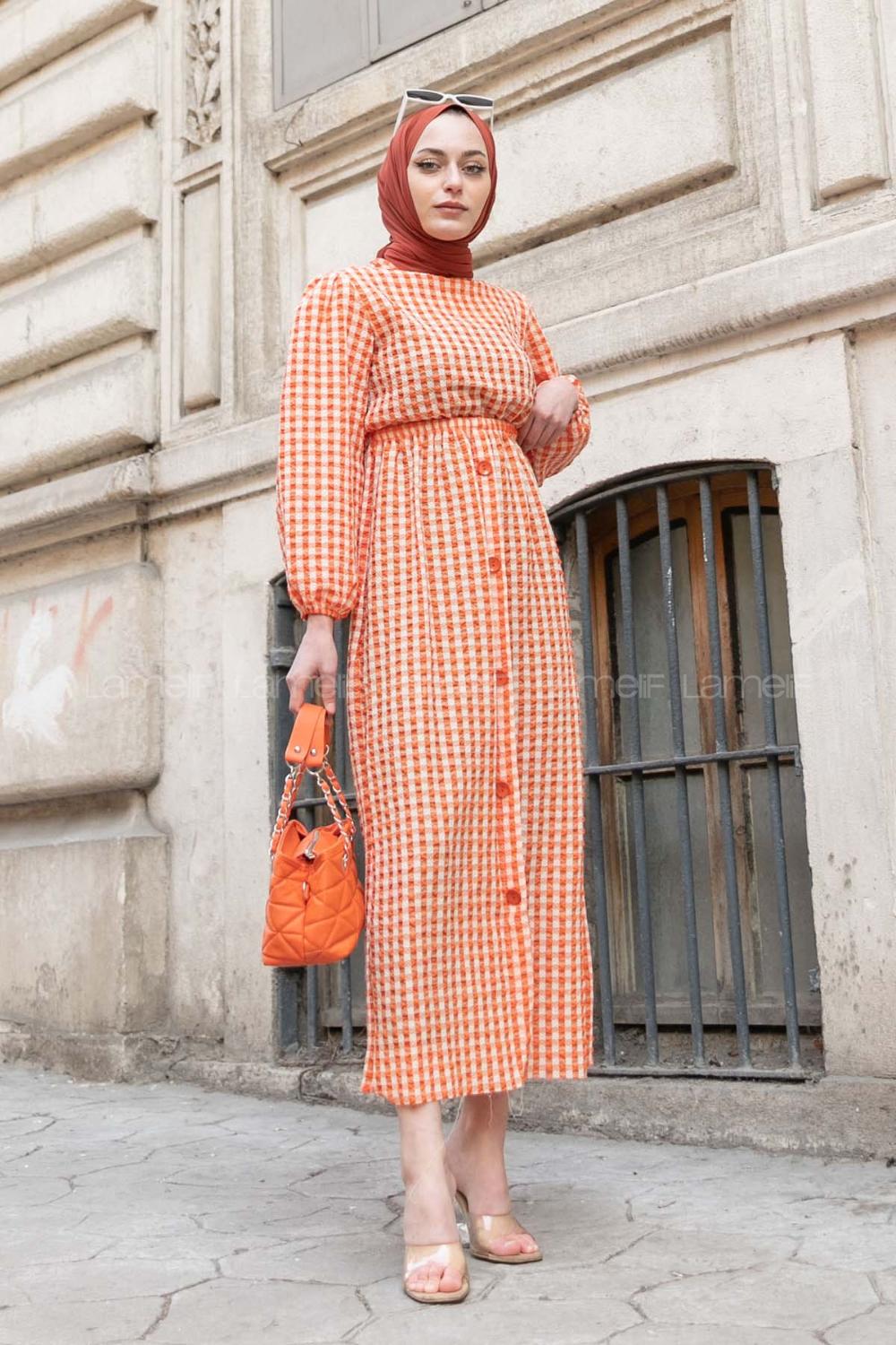 Modalamelif Ekose Desen Elbise Turuncu