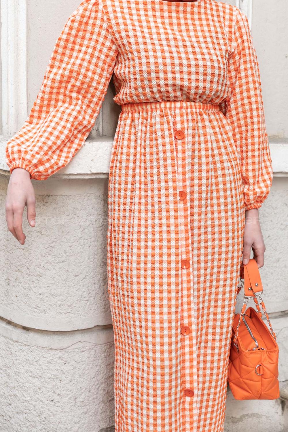 Modalamelif Ekose Desen Elbise Turuncu