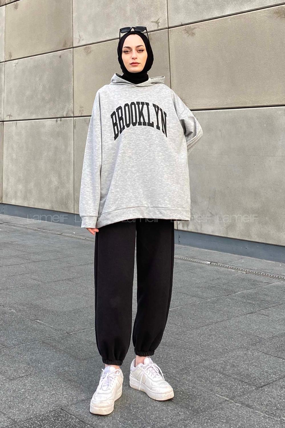 Lamelif Brooklyn Baskı Detaylı Kapüşonlu Sweatshirt Gri