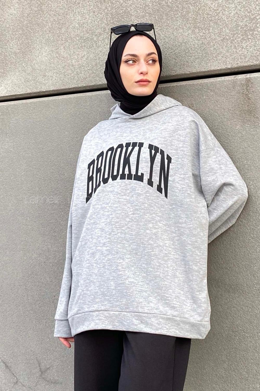 Lamelif Brooklyn Baskı Detaylı Kapüşonlu Sweatshirt Gri