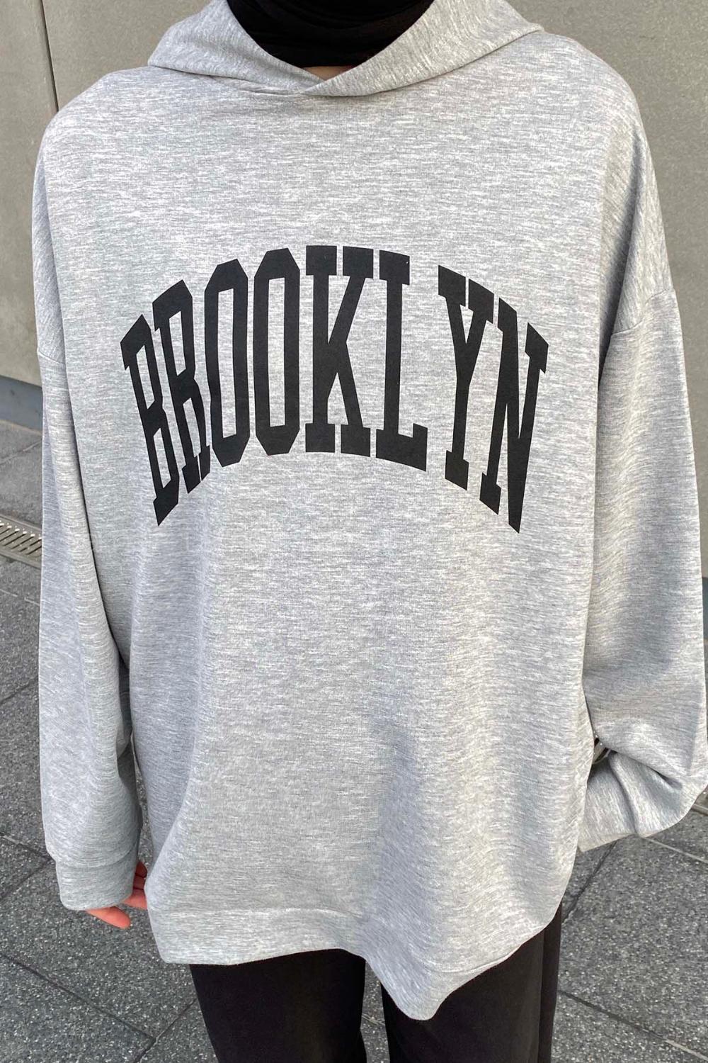 Lamelif Brooklyn Baskı Detaylı Kapüşonlu Sweatshirt Gri