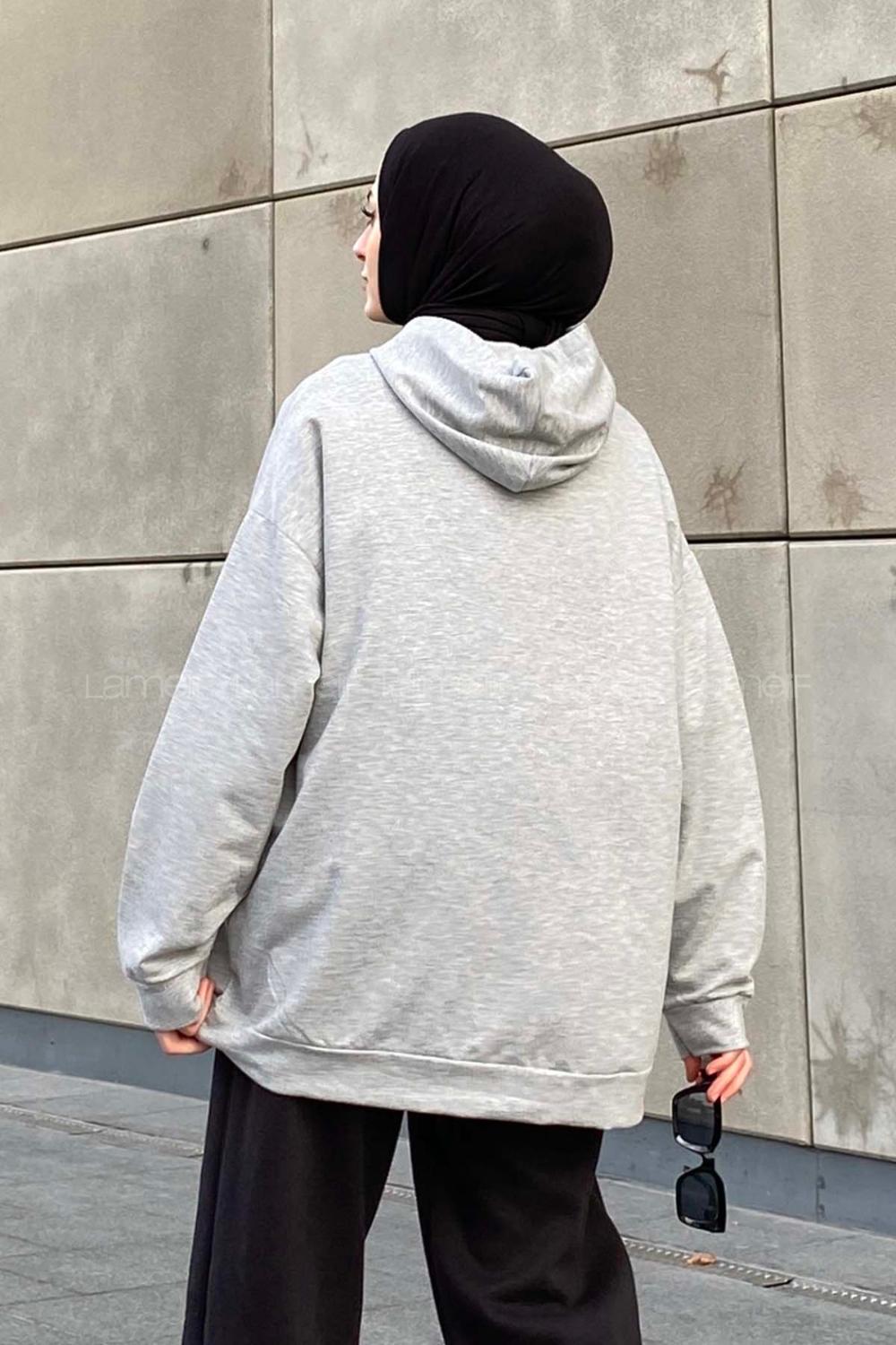 Lamelif Brooklyn Baskı Detaylı Kapüşonlu Sweatshirt Gri