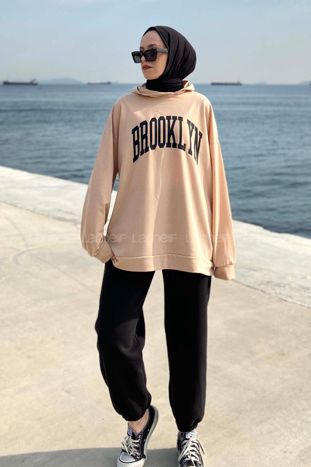 Lamelif Brooklyn Baskı Detaylı Kapüşonlu Sweatshirt Sütlükahve