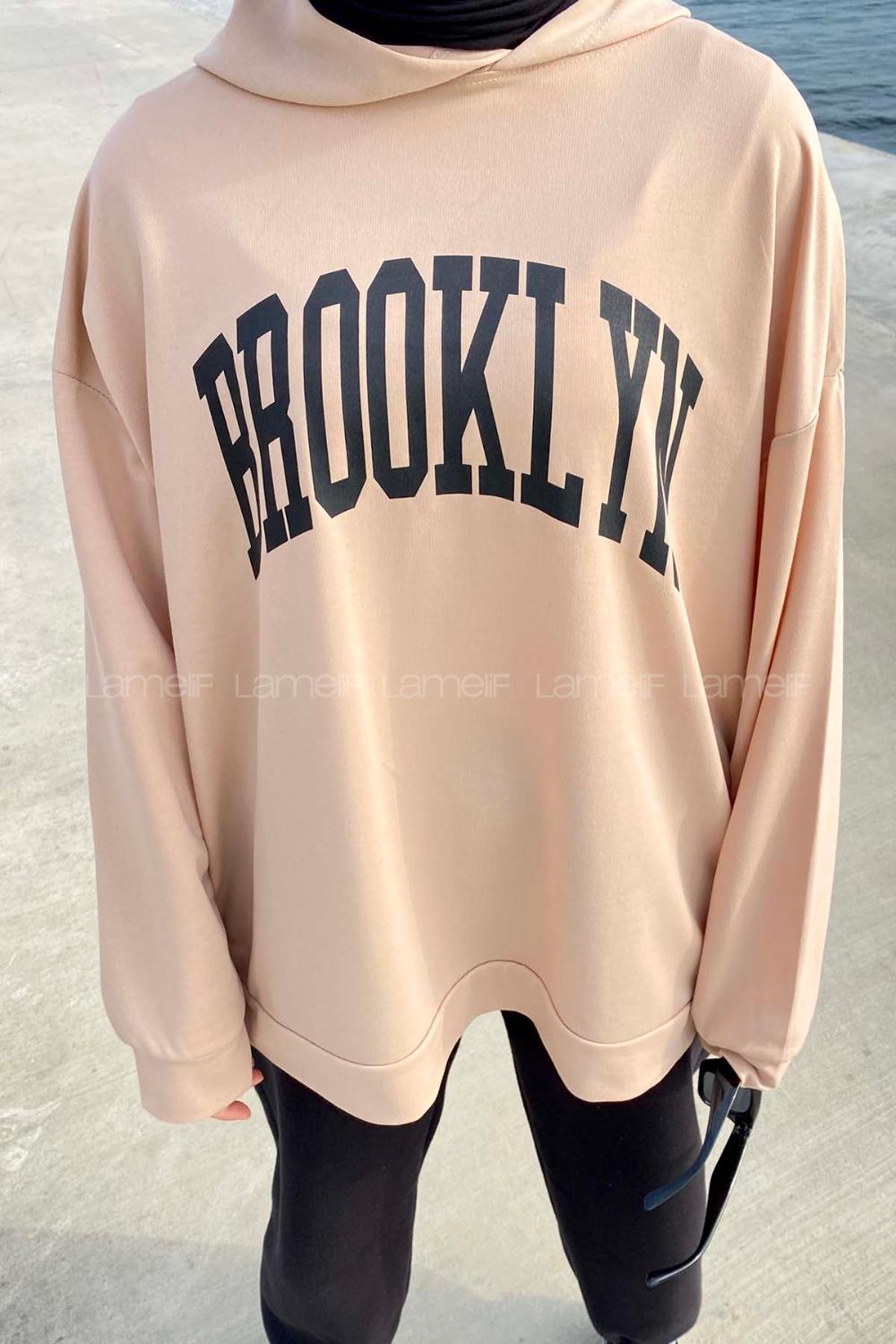 Lamelif Brooklyn Baskı Detaylı Kapüşonlu Sweatshirt Sütlükahve