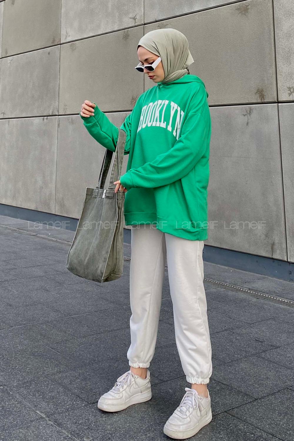 Lamelif Brooklyn Baskı Detaylı Kapüşonlu Sweatshirt Yeşil